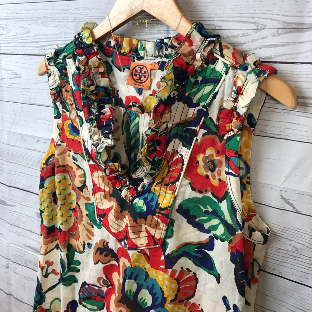 Tory Burch Floral Top Red Yellow Sz 8